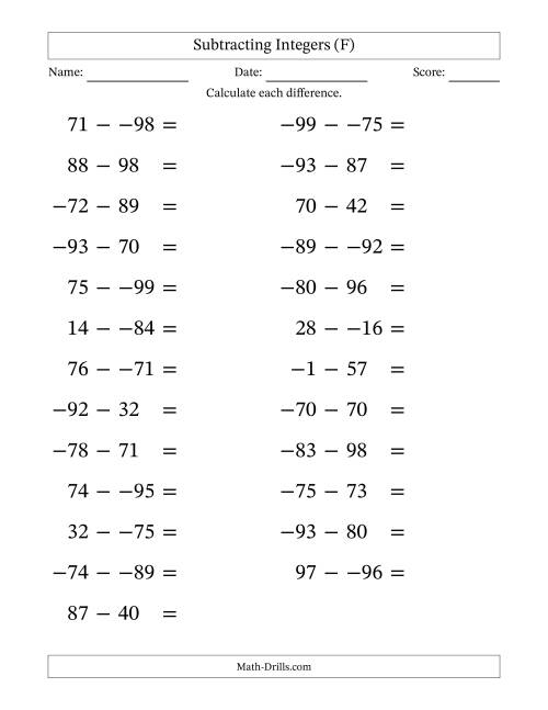 The Subtracting Mixed Integers from -99 to 99 (25 Questions; Large Print; No Parentheses) (F) Math Worksheet