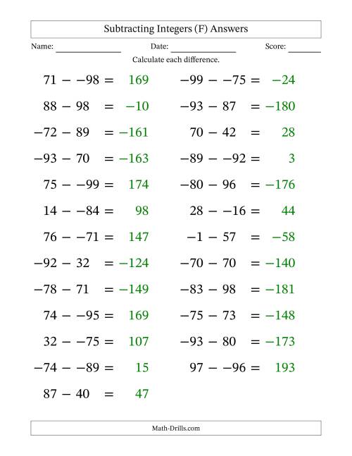 The Subtracting Mixed Integers from -99 to 99 (25 Questions; Large Print; No Parentheses) (F) Math Worksheet Page 2
