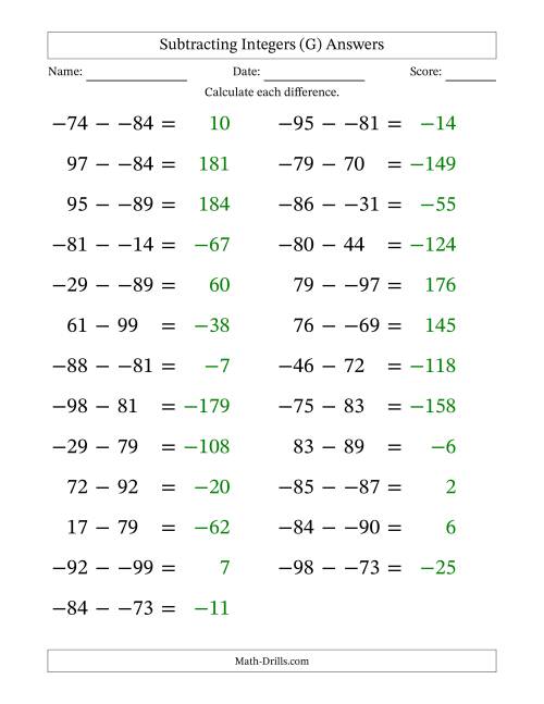 The Subtracting Mixed Integers from -99 to 99 (25 Questions; Large Print; No Parentheses) (G) Math Worksheet Page 2