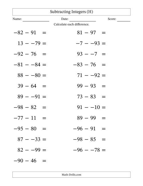 The Subtracting Mixed Integers from -99 to 99 (25 Questions; Large Print; No Parentheses) (H) Math Worksheet
