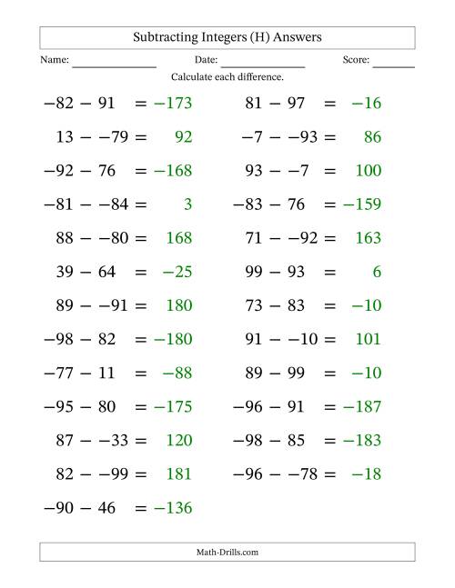The Subtracting Mixed Integers from -99 to 99 (25 Questions; Large Print; No Parentheses) (H) Math Worksheet Page 2
