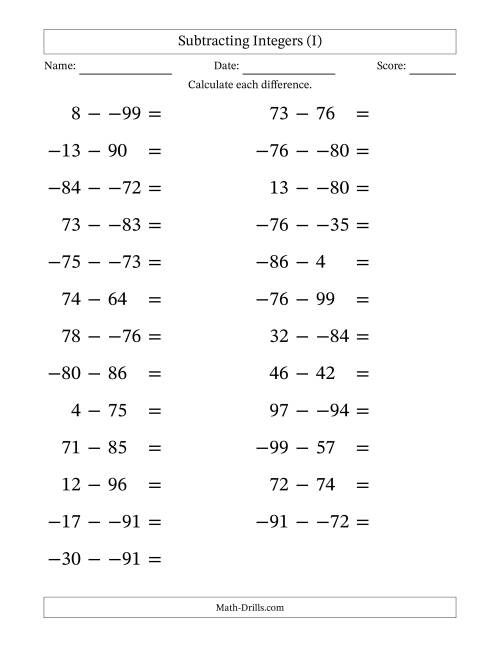 The Subtracting Mixed Integers from -99 to 99 (25 Questions; Large Print; No Parentheses) (I) Math Worksheet