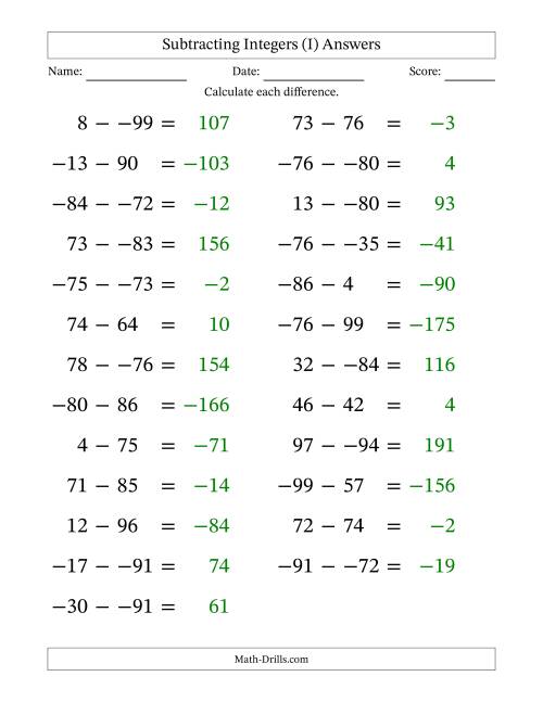 The Subtracting Mixed Integers from -99 to 99 (25 Questions; Large Print; No Parentheses) (I) Math Worksheet Page 2