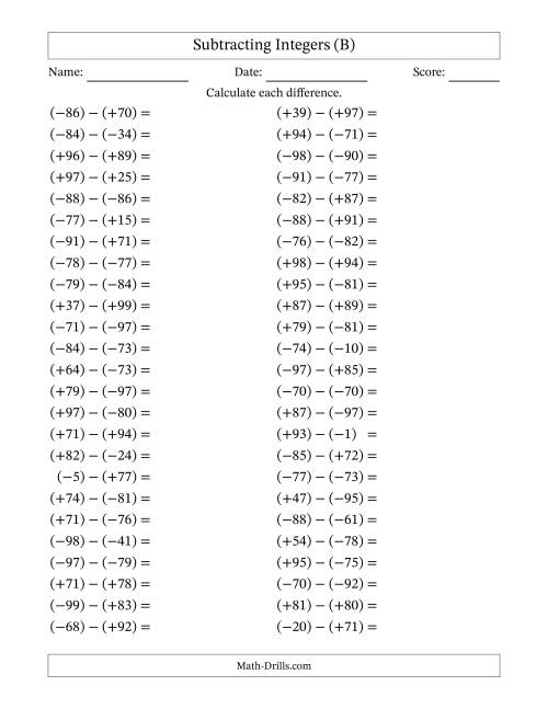 The Subtracting Mixed Integers from -99 to 99 (50 Questions; All Parentheses) (B) Math Worksheet