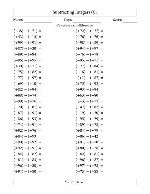 The Subtracting Mixed Integers from -99 to 99 (50 Questions; All Parentheses) (C) Math Worksheet