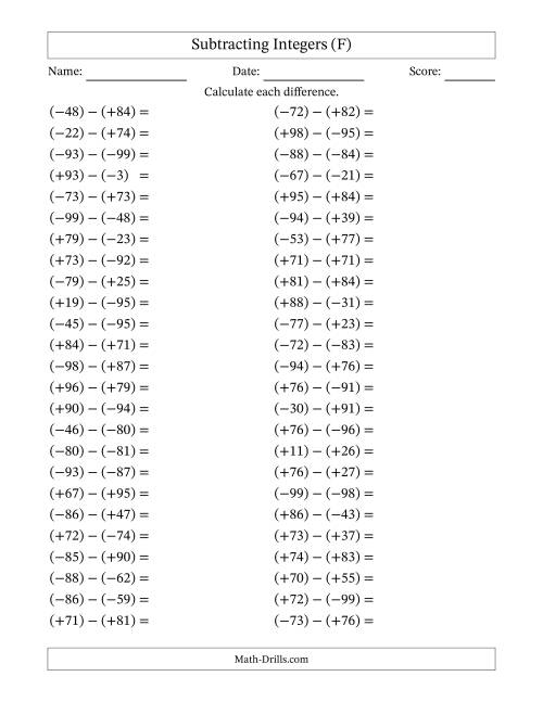 The Subtracting Mixed Integers from -99 to 99 (50 Questions; All Parentheses) (F) Math Worksheet