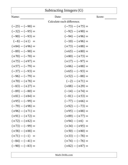 The Subtracting Mixed Integers from -99 to 99 (50 Questions; All Parentheses) (G) Math Worksheet