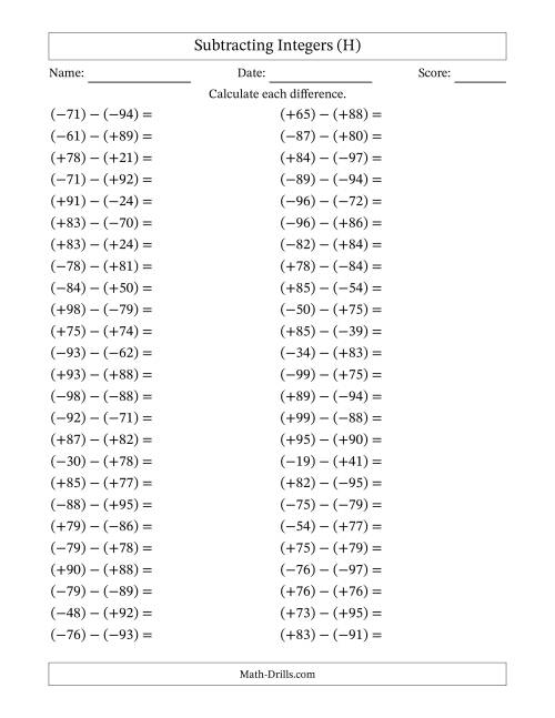 The Subtracting Mixed Integers from -99 to 99 (50 Questions; All Parentheses) (H) Math Worksheet