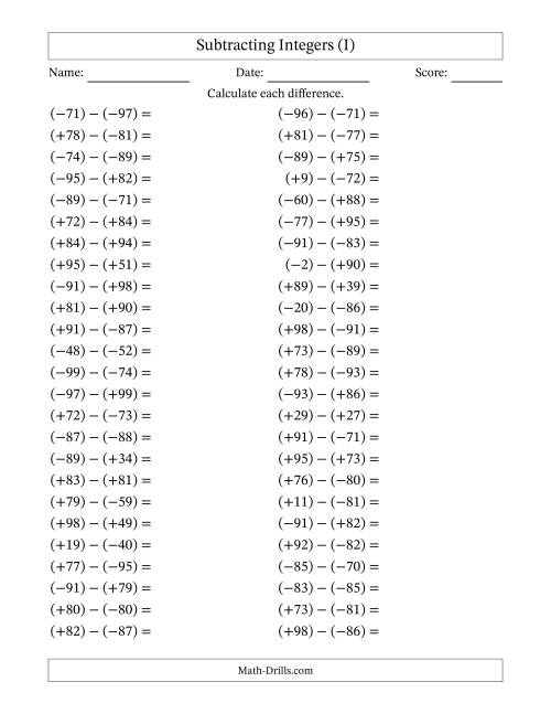The Subtracting Mixed Integers from -99 to 99 (50 Questions; All Parentheses) (I) Math Worksheet