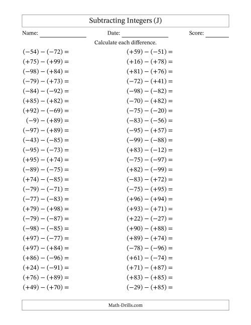 The Subtracting Mixed Integers from -99 to 99 (50 Questions; All Parentheses) (J) Math Worksheet