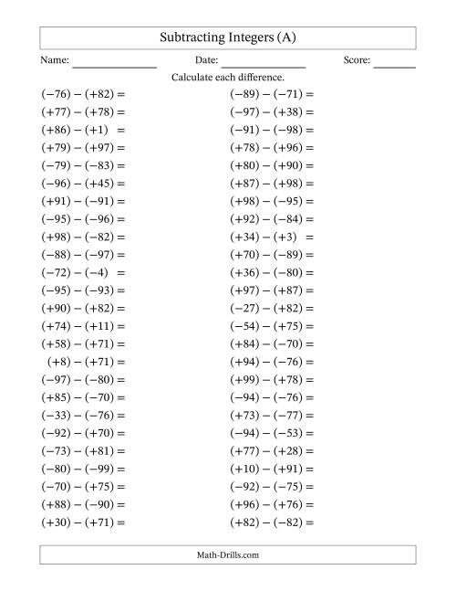 The Subtracting Mixed Integers from -99 to 99 (50 Questions; All Parentheses) (All) Math Worksheet