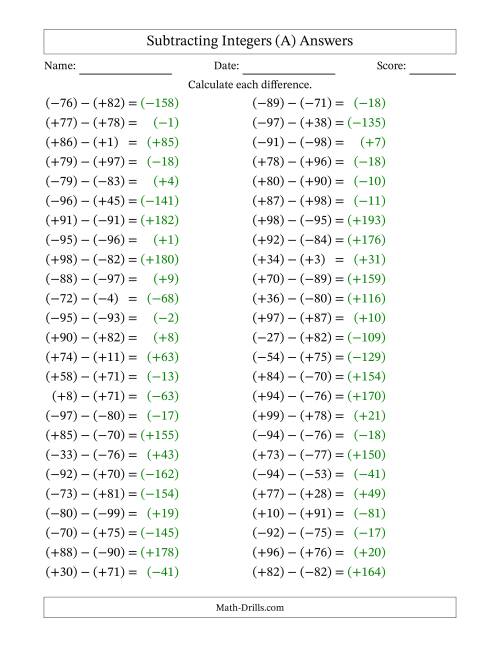 The Subtracting Mixed Integers from -99 to 99 (50 Questions; All Parentheses) (All) Math Worksheet Page 2