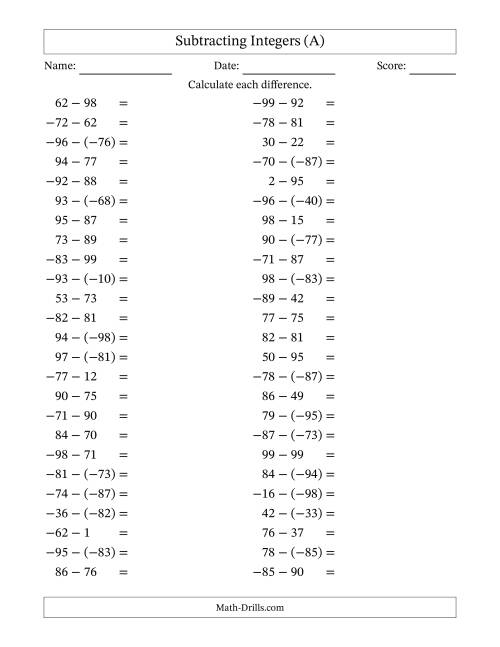 The Subtracting Mixed Integers from -99 to 99 (50 Questions) (A) Math Worksheet