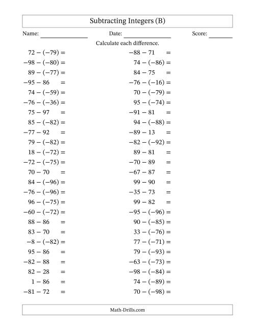 The Subtracting Mixed Integers from -99 to 99 (50 Questions) (B) Math Worksheet