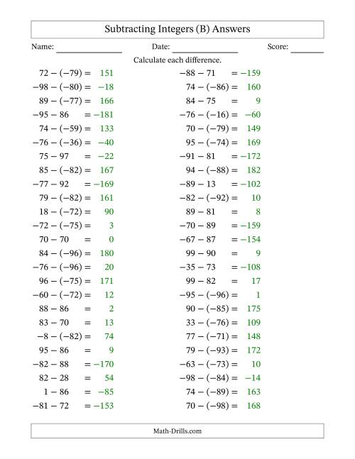 The Subtracting Mixed Integers from -99 to 99 (50 Questions) (B) Math Worksheet Page 2