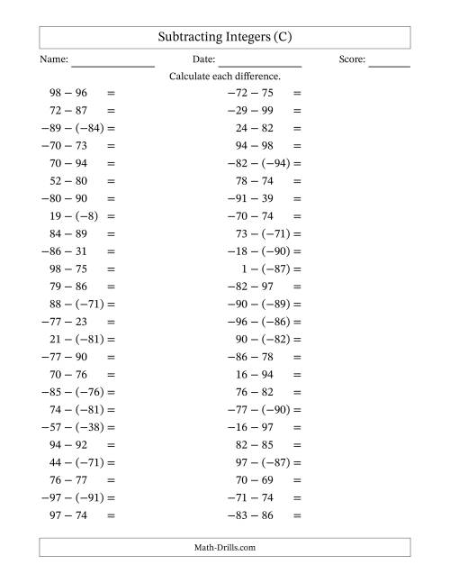 The Subtracting Mixed Integers from -99 to 99 (50 Questions) (C) Math Worksheet
