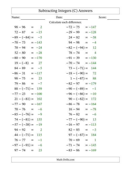 The Subtracting Mixed Integers from -99 to 99 (50 Questions) (C) Math Worksheet Page 2