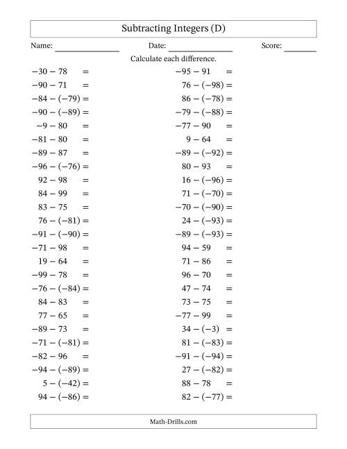 The Subtracting Mixed Integers from -99 to 99 (50 Questions) (D) Math Worksheet