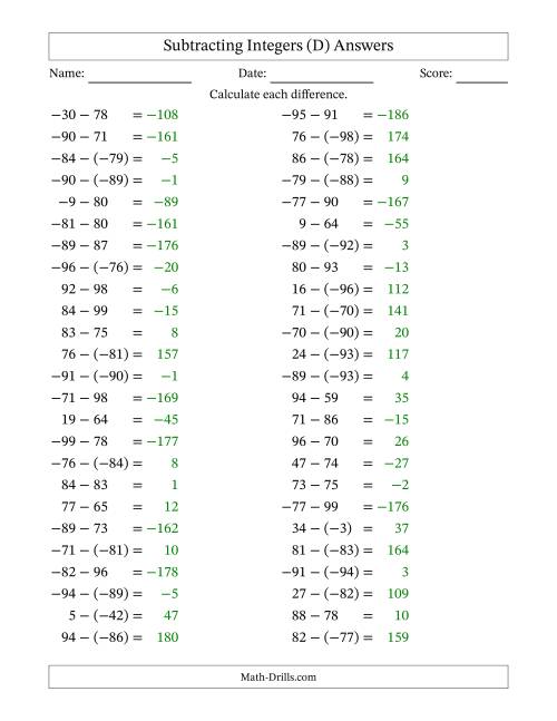 The Subtracting Mixed Integers from -99 to 99 (50 Questions) (D) Math Worksheet Page 2