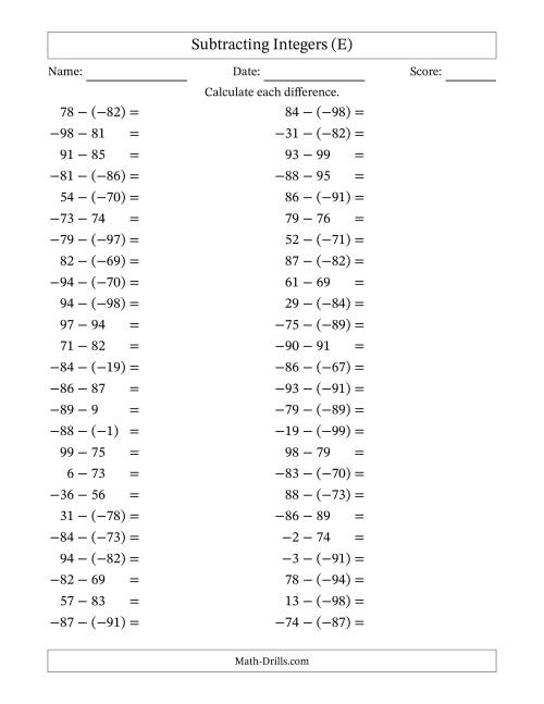 The Subtracting Mixed Integers from -99 to 99 (50 Questions) (E) Math Worksheet