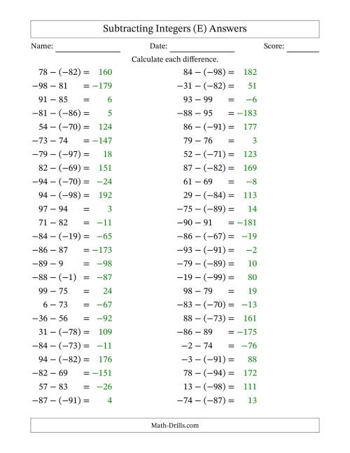 The Subtracting Mixed Integers from -99 to 99 (50 Questions) (E) Math Worksheet Page 2