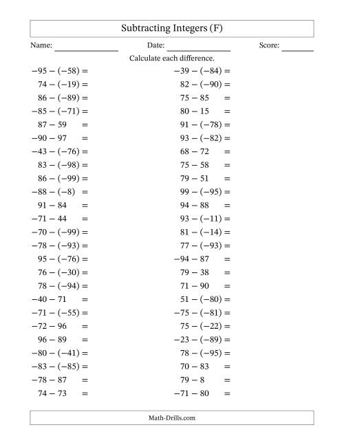 The Subtracting Mixed Integers from -99 to 99 (50 Questions) (F) Math Worksheet