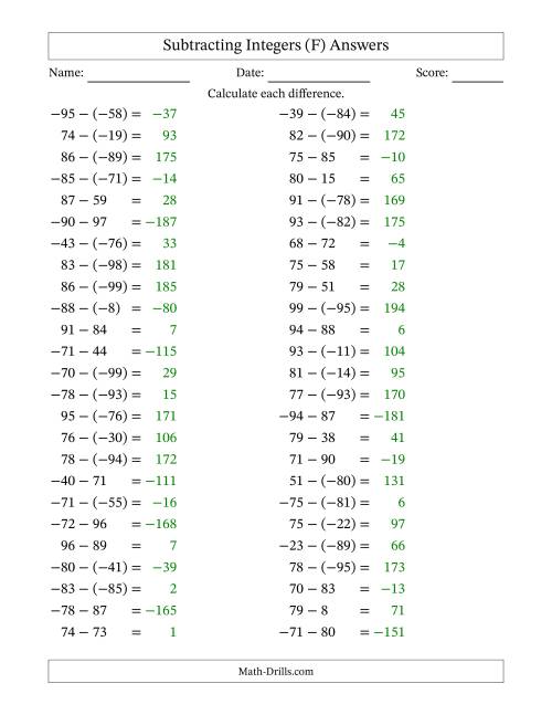 The Subtracting Mixed Integers from -99 to 99 (50 Questions) (F) Math Worksheet Page 2