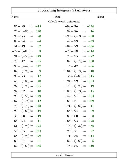 The Subtracting Mixed Integers from -99 to 99 (50 Questions) (G) Math Worksheet Page 2