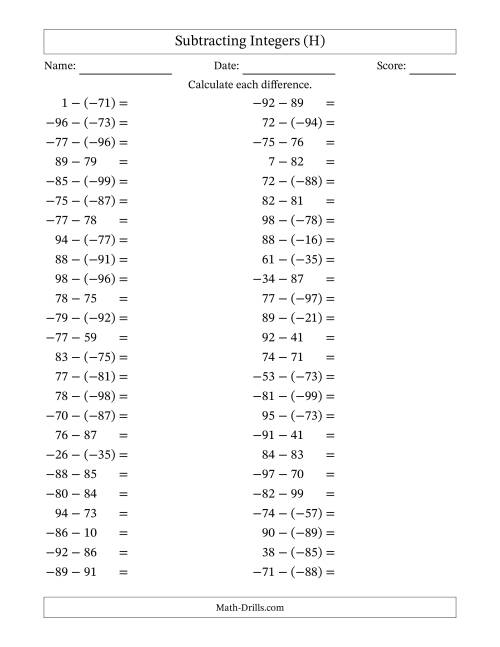 The Subtracting Mixed Integers from -99 to 99 (50 Questions) (H) Math Worksheet