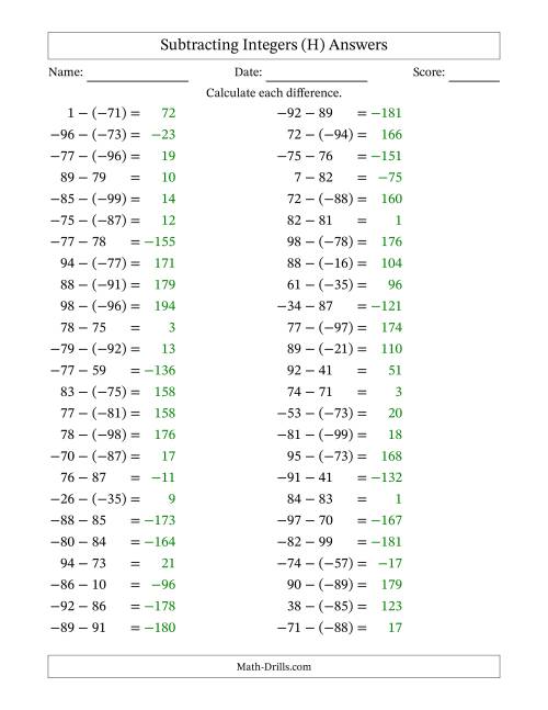 The Subtracting Mixed Integers from -99 to 99 (50 Questions) (H) Math Worksheet Page 2