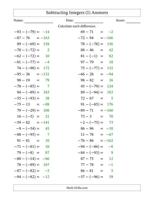 The Subtracting Mixed Integers from -99 to 99 (50 Questions) (I) Math Worksheet Page 2