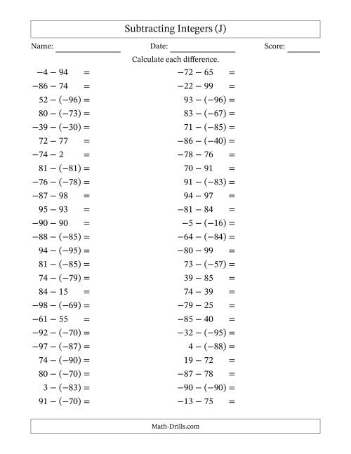 The Subtracting Mixed Integers from -99 to 99 (50 Questions) (J) Math Worksheet