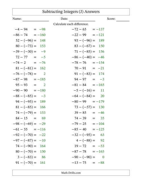 The Subtracting Mixed Integers from -99 to 99 (50 Questions) (J) Math Worksheet Page 2