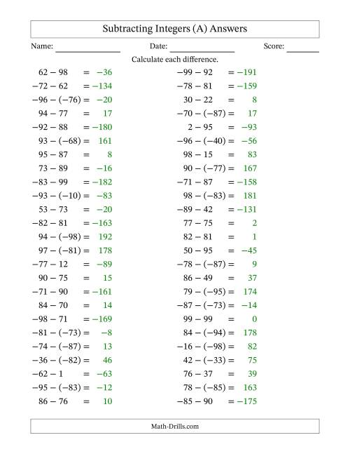 The Subtracting Mixed Integers from -99 to 99 (50 Questions) (All) Math Worksheet Page 2