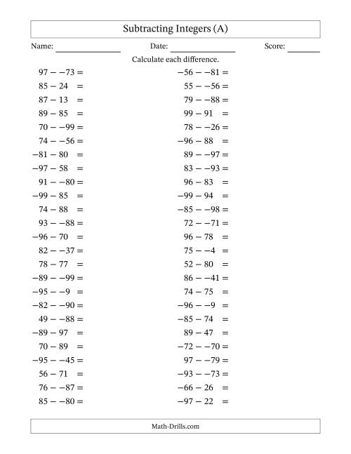 The Subtracting Mixed Integers from -99 to 99 (50 Questions; No Parentheses) (A) Math Worksheet