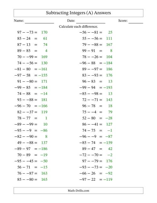 The Subtracting Mixed Integers from -99 to 99 (50 Questions; No Parentheses) (A) Math Worksheet Page 2