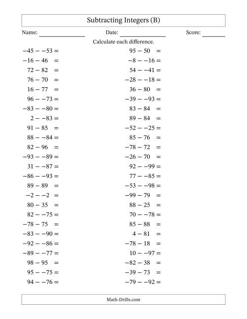 The Subtracting Mixed Integers from -99 to 99 (50 Questions; No Parentheses) (B) Math Worksheet