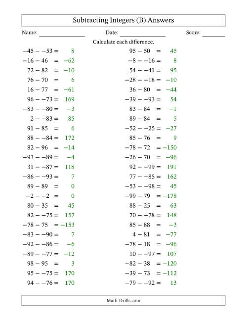 The Subtracting Mixed Integers from -99 to 99 (50 Questions; No Parentheses) (B) Math Worksheet Page 2