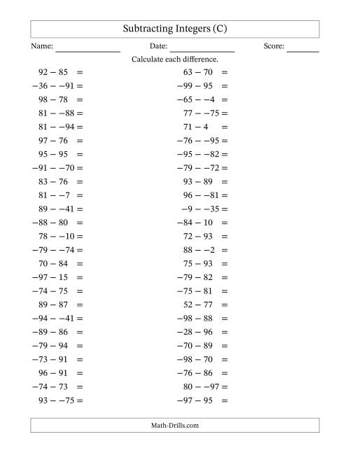 The Subtracting Mixed Integers from -99 to 99 (50 Questions; No Parentheses) (C) Math Worksheet