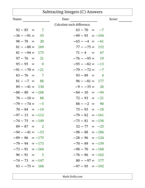 The Subtracting Mixed Integers from -99 to 99 (50 Questions; No Parentheses) (C) Math Worksheet Page 2