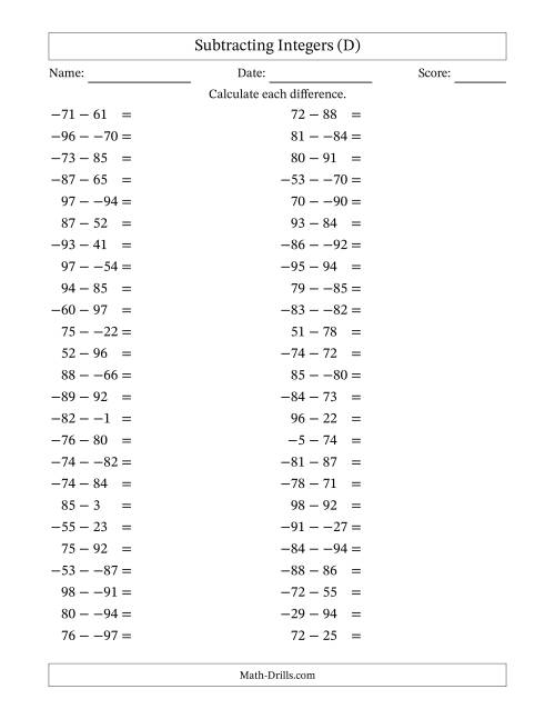 The Subtracting Mixed Integers from -99 to 99 (50 Questions; No Parentheses) (D) Math Worksheet