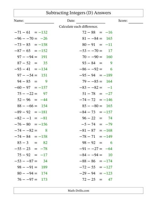 The Subtracting Mixed Integers from -99 to 99 (50 Questions; No Parentheses) (D) Math Worksheet Page 2