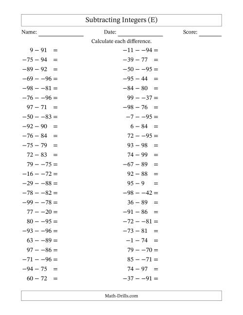 The Subtracting Mixed Integers from -99 to 99 (50 Questions; No Parentheses) (E) Math Worksheet