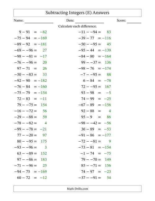 The Subtracting Mixed Integers from -99 to 99 (50 Questions; No Parentheses) (E) Math Worksheet Page 2
