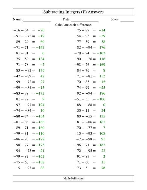 The Subtracting Mixed Integers from -99 to 99 (50 Questions; No Parentheses) (F) Math Worksheet Page 2