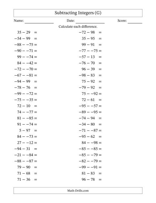 The Subtracting Mixed Integers from -99 to 99 (50 Questions; No Parentheses) (G) Math Worksheet