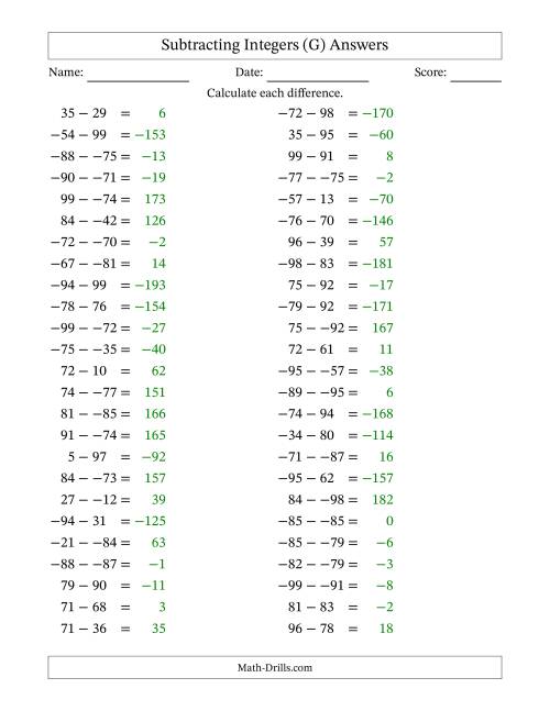 The Subtracting Mixed Integers from -99 to 99 (50 Questions; No Parentheses) (G) Math Worksheet Page 2