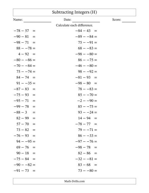 The Subtracting Mixed Integers from -99 to 99 (50 Questions; No Parentheses) (H) Math Worksheet