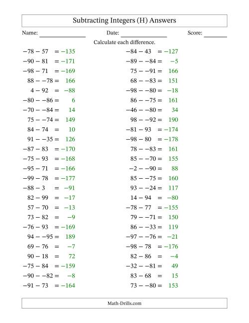 The Subtracting Mixed Integers from -99 to 99 (50 Questions; No Parentheses) (H) Math Worksheet Page 2