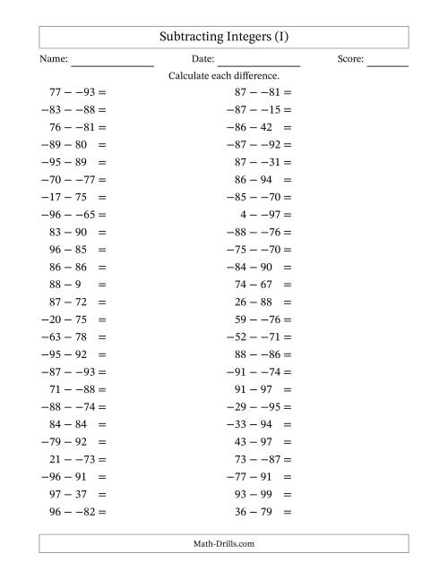 The Subtracting Mixed Integers from -99 to 99 (50 Questions; No Parentheses) (I) Math Worksheet
